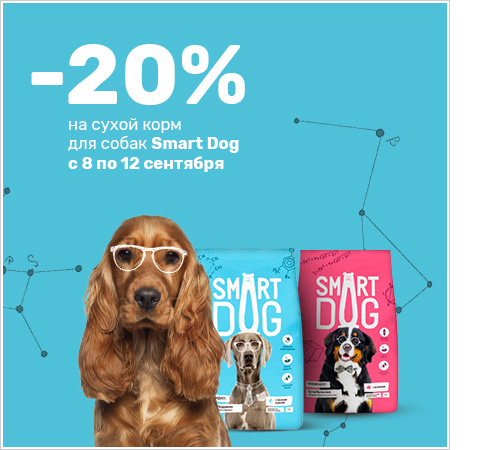 Скидка -20% на сухие корма SMART DOG c 8 по 12 сентября